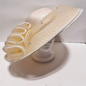 Vintage Mr. Hi's Classic Beige Cream Widebrim Hat w/ Mesh Bow And Sequins EUC